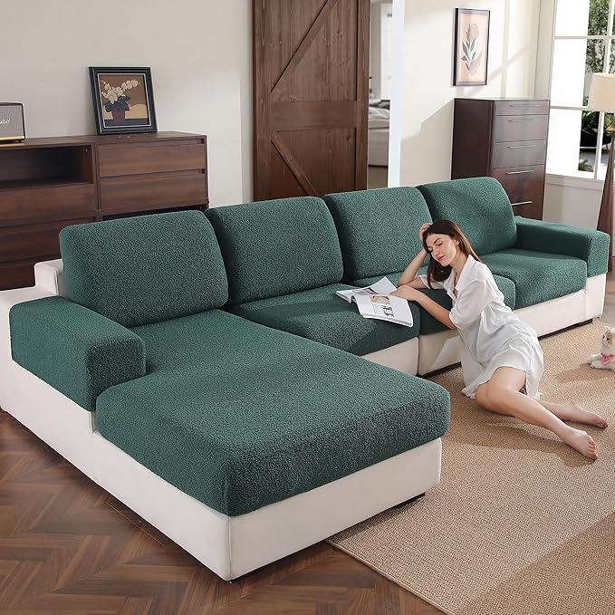Couch Cushion Covers for Sectional Sofa, Stretch Soft Sofa Slipcovers Washable Wear-Resistant Universal Furniture Protector for Living Room(1 Piece Chaise Cover, Green)