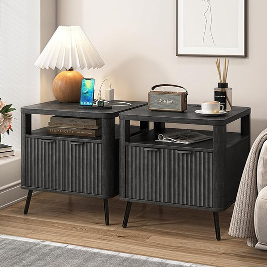 Nightstand Set of 2 with Charging Station, 24" End Table Side Table with Open Shelf, Modern Large Wood Fluted Bedside Cabinet for Bedroom, Living Room, Black