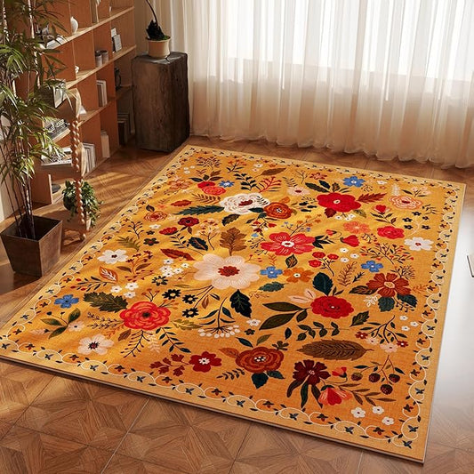 Area Rug 4x6 Rug Washable Boho Rugs Non Slip Low Pile Floral Small Carpet for Bedroom, Bedside, Kids Room, Office, Dining Room(Yellow)