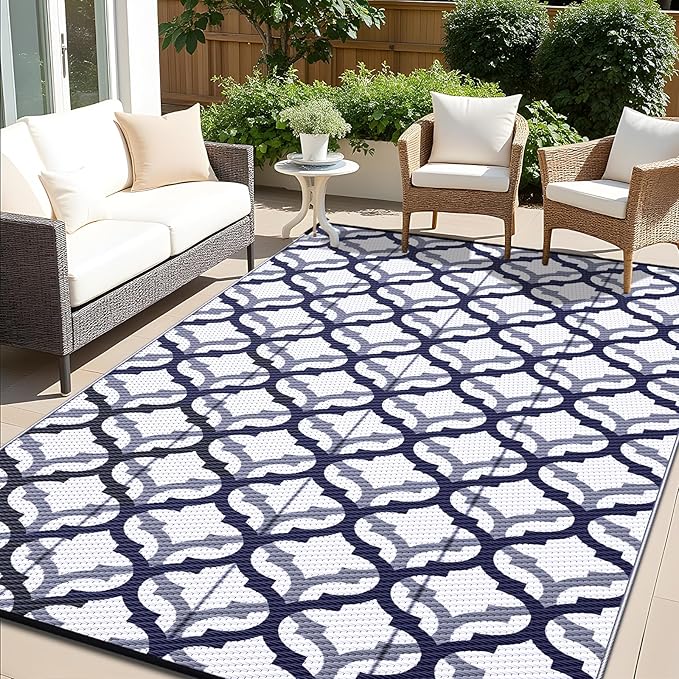 OLANLY Reversible Outdoor Rug 9x12 ft Clearance, Waterproof Outdoor Plastic Straw Rug with Interlacing Pattern, RV Mat for Patio, Camping, Balcony, Deck, Backyard, Navy & White