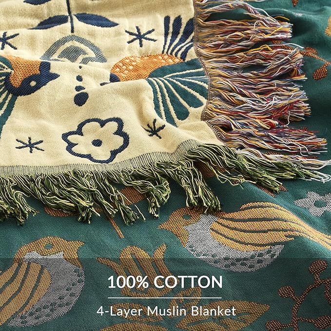 Boho Throw Blanket for Couch Sofa Bed, 100% Cotton Woven Quilt with Tassel 80”x90”, Super Soft Muslin Blanket with Bird Printed, Decorative Reversible Bed Blanket/Cover for All Seasons