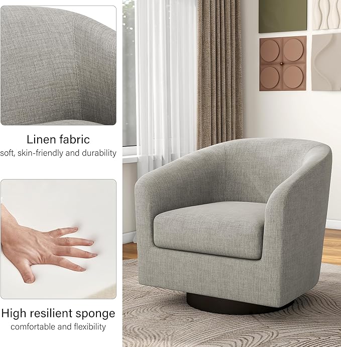 Swivel Barrel Accent Chair, Modern Round Linen Arm Chair for Living Room, Bedroom, Comfy Club Reading Chairs for Adults（Linen Fabric, Khaki, Set of 1