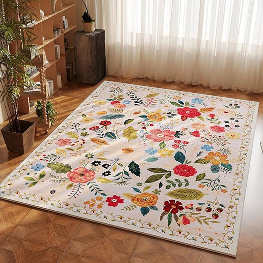 Area Rug 4x6 Rug Washable Boho Rugs Non Slip Low Pile Floral Small Carpet for Bedroom, Bedside, Kids Room, Office, Dining Room(Beige)