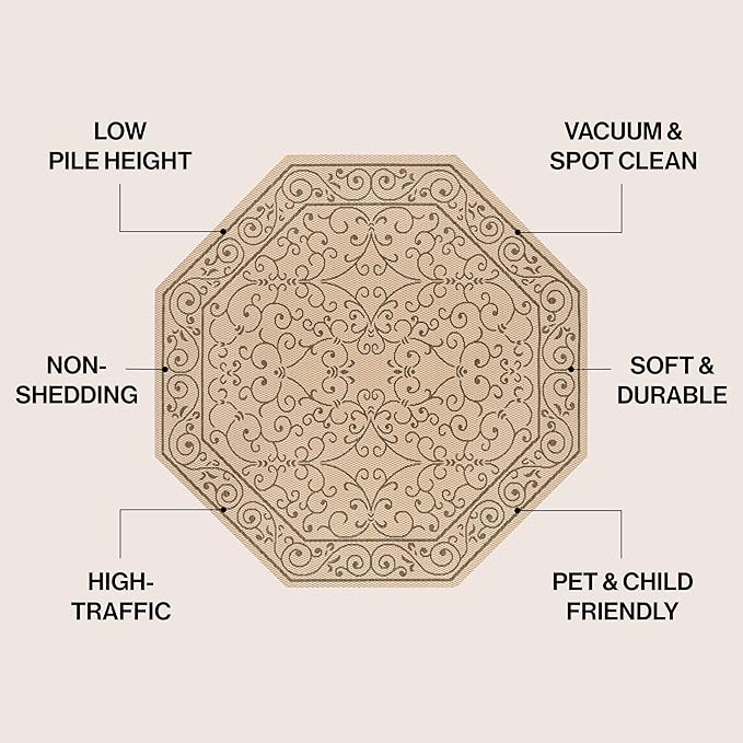 JONATHAN Y Vintage Filigree Indoor Outdoor Octagon Area Rug 5 Ft Beige/Brown, Charleston Textured Weave for Backyard, Patio, Porch, Easy-Cleaning, High Traffic, Pet-Friendly Non-Shedding SMB106A-5TGN