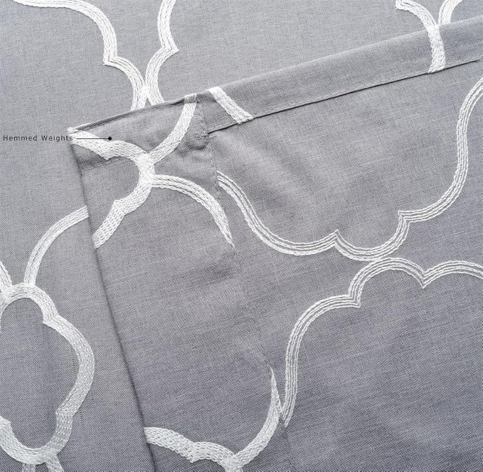 Miuco Moroccan Embroidered Semi Sheer Curtains Faux Linen Grommet Curtain Panels for Bedroom 52 x 95 Inch 2 Panels, Grey