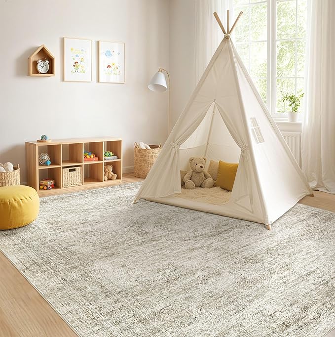 Washable Area Rugs for Living Room -10x14 Neutral Vintage Distressed Floral Farmhouse Boho Large Soft Floor Rug Indoor Non Slip Carpet for Living Room Bedroom Dining Room Office-Beige
