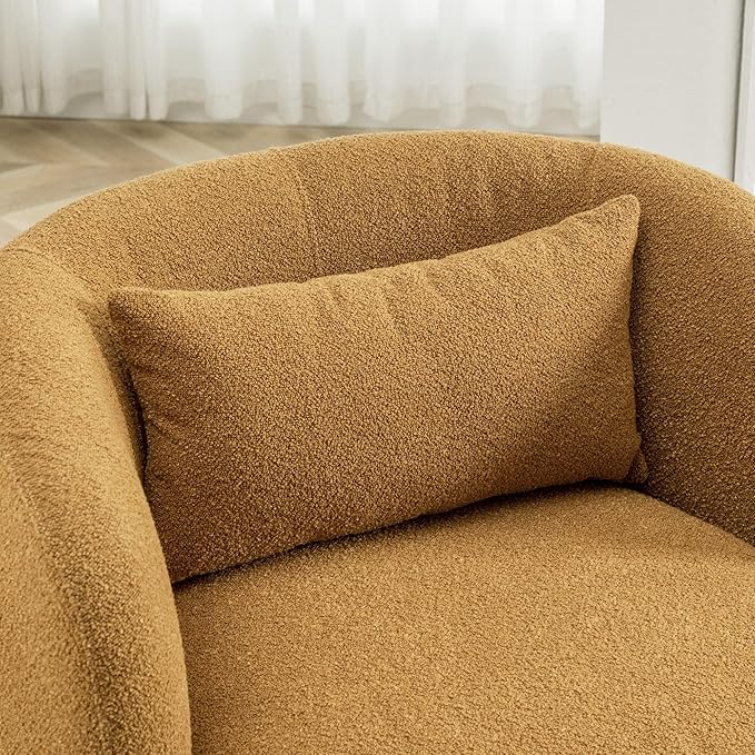 KINWELL 34" Wide Boucle Swivel Barrel Chairs Set of 2, No Assembly Round Upholstered Armchairs Accent Chairs Single Sofa Chair with Toss Pillow for Living Room and Bedroom, Brown