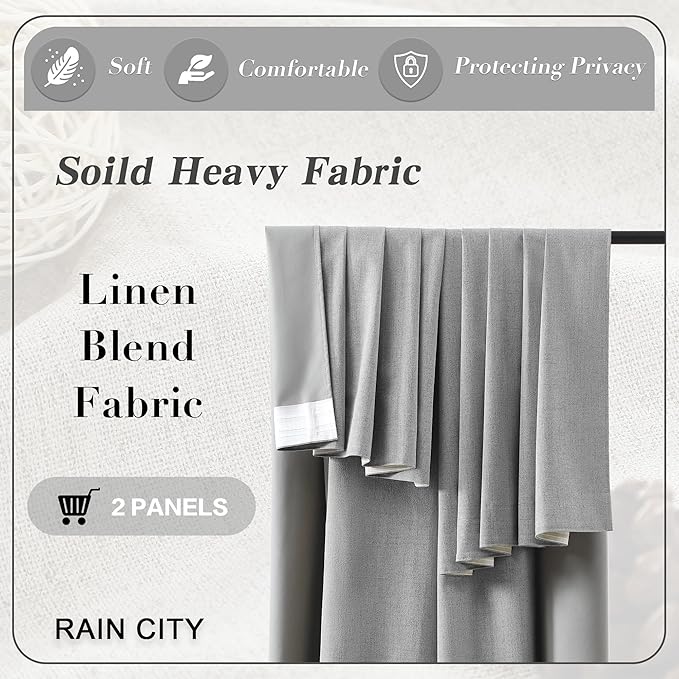 RAIN CITY Grey Linen Blackout Curtains 45 Inches Long,100% Light Blocking Textured Curtains for Bedroom Living Room Thermal Back Tab Rod Pocket Curtains 2 Panels with Hooks 50 x 45