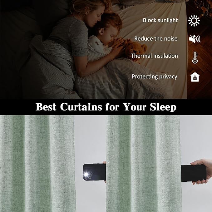 RAIN CITY Light Green Linen Blackout Curtains 84 Inch Long for Living Room,2 Panels Pinch Pleated Drape with Hooks Back Tab Boho Decor, Textured Full Black Out Curtains for Bedroom 50 x 84