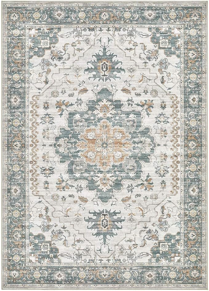Washable Area Rugs for Living Room -10x14 Neutral Vintage Distressed Floral Farmhouse Boho Large Soft Floor Rug Indoor Non Slip Carpet for Living Room Bedroom Dining Room Office -Green/Grey