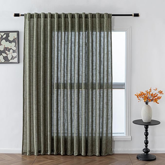 MYSKY HOME Living Room Curtains 84 Inches Long Semi Sheer Light Filtering Privacy Drapes Linen Look Textured Boho Home Decor, Backdrop Curtain for Parties, 100" x 84", Olive Green, 1 Panel
