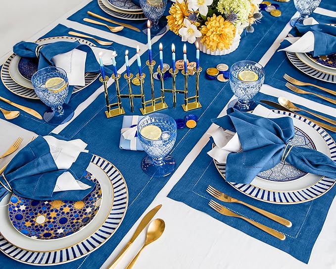 Solino Home Linen Table Runner 108 Inches Long - 100% Pure Linen Indigo Blue Table Runner 14 x 108 Inch for Fall, Autumn - Classic Hemstitch