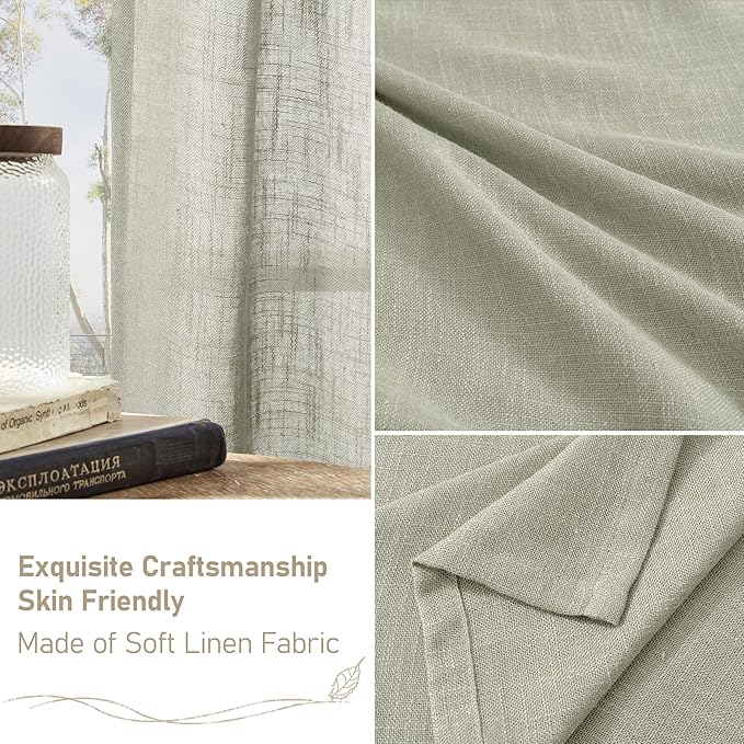 LAMIT Sheer Linen Curtains 63 Inch Length for Bedroom, Faux Linen Textured Light Filtering Neutral Bronze Grommet Window Treatment Drapes for Living Room, 2 Panels, 52 x 63 Inch, Sage Grey