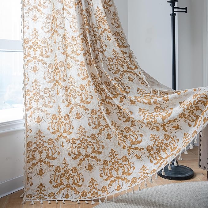 Sutuo Home Boho Curtains 84 Inches Length for Bedroom Living Room, Printed Moroccan Cotton Linen Rod Pocket Rustic Farmhouse Bohemian Tassels Window Treatment, 1 Panel 59" W x 84" L, Brown Damask