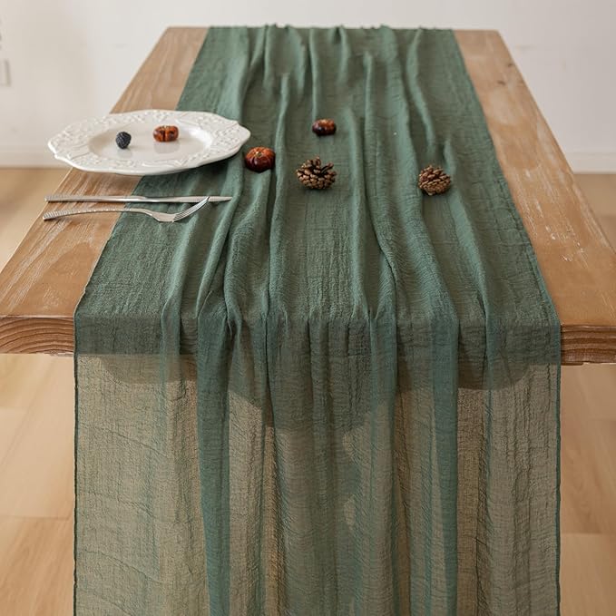 6Pcs Forest Green Gauze Rustic Cheesecloth Table Runner 120 Inch 10 FT for Wedding Baby Shower Bridal Shower Birthday Engagement Garden Outdoor Party Long Sheer Boho Decorations