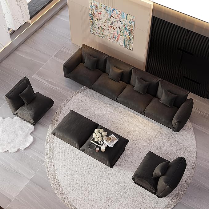 Modern Minimalist Chenille Modular Sectional Sofa, Oversized 8-Seater Sleeper Sofa with Movable Ottoman, Thick Cushions, Upholstered Couch for Living Room, Bedroom, Office, Apartment(Black,8-Seater)