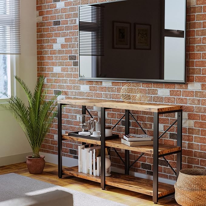 IRONCK Rustic Entryway Console Table, Long Hallway Table 47 in 3-Tier, TV Stand Entertainment Center Media Stand for Living Room, Industrial Style, Vintage Brown