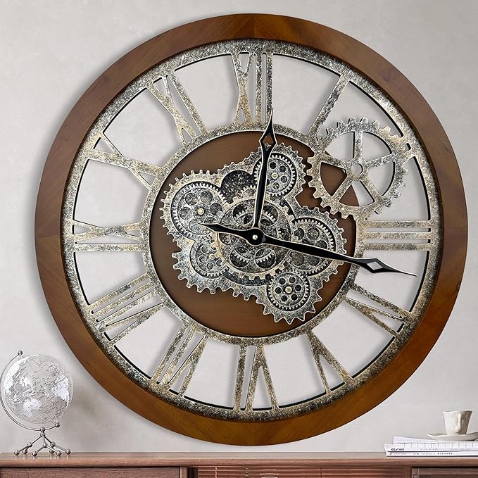 HOIBAI Clocks for Living Room Decor, Large Wall Clock 24 in (60cm) Clocks Wall Decor, Moving Gear Wall Clock, Farmhouse Vintage Industrial Oversized