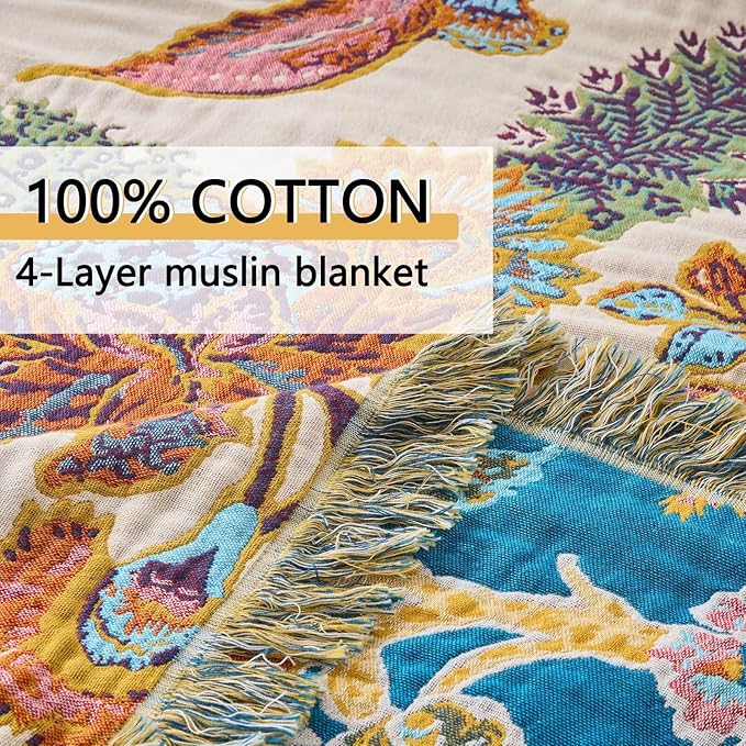 Boho Throw Blanket for Bed, Lightweight Reversible Summer Quilt, Cotton Blanket, Queen Size Boho Floral Bird Colorful Retro Quilt Ultra Soft Reversible Gauze Blanket for All Season, 80"x90"