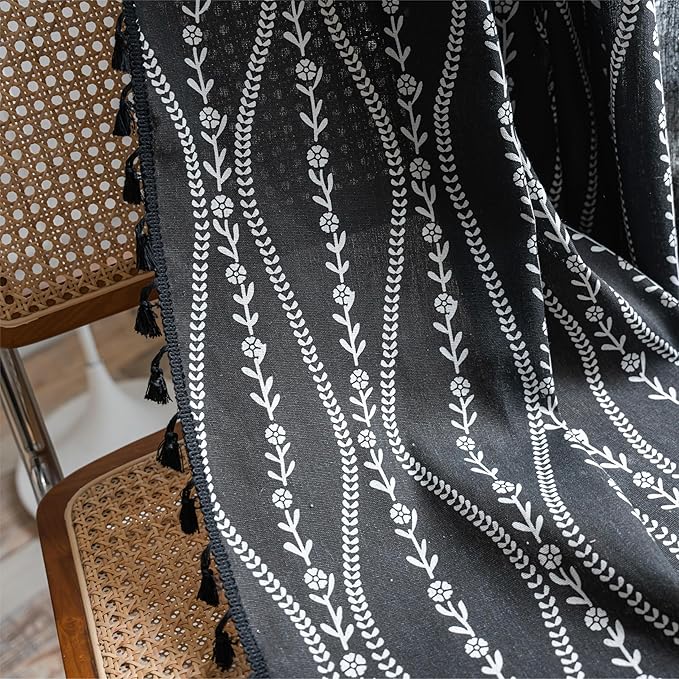 Sutuo Home Boho Curtains 63 Inches Length for Kitchen Doorway Cafe Dining Room, Stripe Floral Vintage Tassels Window Treatment Drape for Halloween Decorations Rod Pocket, 1 Panel 59" W x 63" L,Black