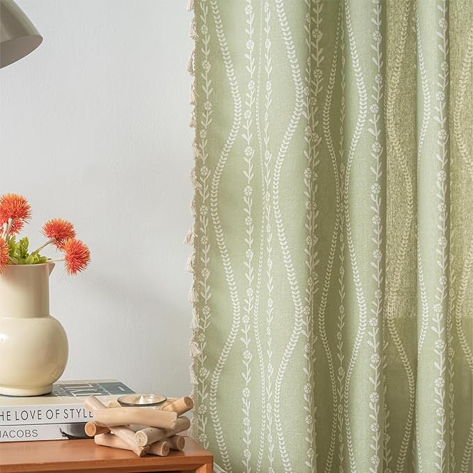 Sutuo Home Boho Curtains 63 Inches Length for Kitchen Doorway Cafe Dining Room, Vintage Tassels Window Treatment Drape for Xmas Decorations Rod Pocket, 1 Panel 59" W x 63" L,Green Stripe Floral