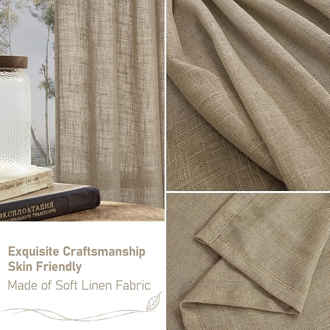 LAMIT Semi Sheer Linen Curtains 45 Inches Long, Light Filtering Panels Bronze Grommet Country Decor Drapes for Bedroom/Window/Farmhouse, Taupe, 2 Panels, 52 x 45 Inch