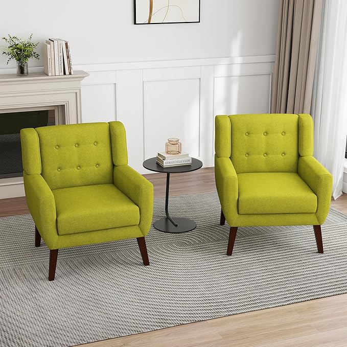 UIXE Accent Chair, Modern Upholstered Armchair in Fabric for Living Room, Comfy Club Arm Chairs Single Sofa Button Tufted Bedroom Reading Seat - Green, Set of 4