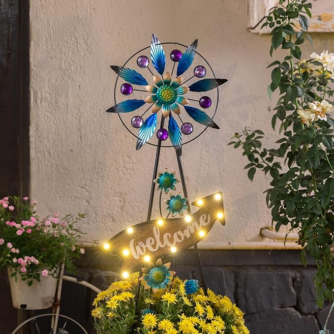 TERESA'S COLLECTIONS Peacock Garden Solar Stake, Wind Spinner Yard Art Sign for Outdoor Decor, Metal Purple Floral Windmill Decorative Garden Stake for Lawn Ornaments, Gifts for Mom, 37''