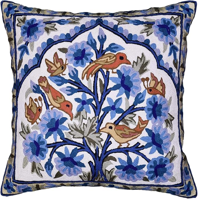 Blue Tree of Life Pillow Cover Blues Birds Floral Decorative Pillowcase Flower Outdoor Suzani Cushion Needlepoint Hand Embroidered Wool Size - 18x18
