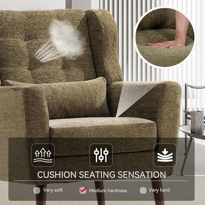 Modern Accent Chair, Upholstered Armchair with Pillow, Fabric Single Sofa Chair with Lounge Seat and Wood Legs Accent Chair for Living Room Bedroom Small Spaces (Avocado, Set of 1)
