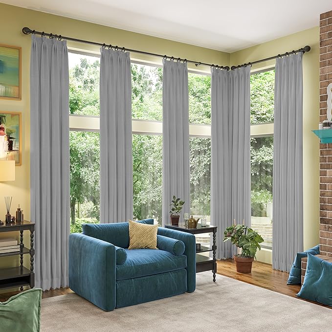 RAIN CITY Long Blackout Curtains 132 Inch Long 2 Panels Grey, Back Tab Pleated Look Drapes for Track System with Hooks, Noise Reducing Spring Blackout Winodw Curtains for Living Room 50x132
