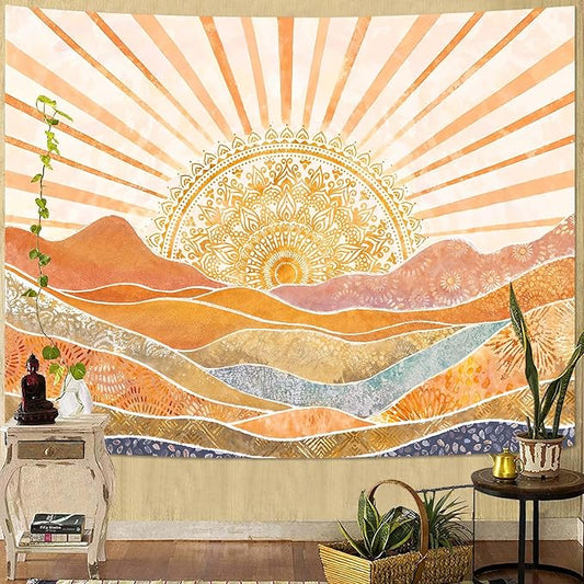 Lunerfex Bohemian Mandala Sunrise Wall Tapestry, Abstract Mountain Scenery Tapestries for Home Decor, Boho Tapestry 60x44 Inch