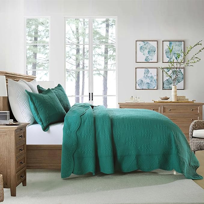 MarCielo 3-Piece Christmas Quilt 100% Cotton Oversized Bedspread Lightweight Coverlet Embroidery Christmas Tree Pattern Bedding Set(TC Emerald, Oversized Queen (100"x106"))