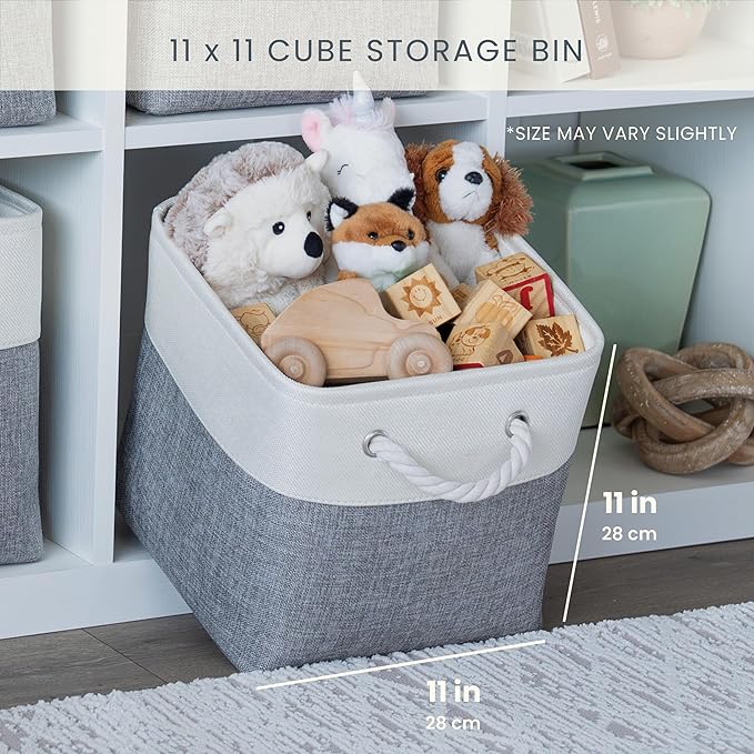 OrganiHaus 11x11 Cube Storage Bins 4 Pack, Foldable Cube Storage Organizer w/ Rope Handles, Collapsible Fabric Bins for Toys, Clothes & Closet Organization, Fabric Square Baskets - Gray/White