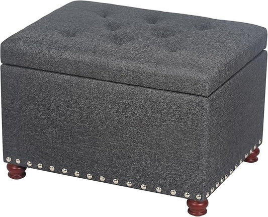 Joveco Storage Ottoman Linen Tufted Bench with Rivet, Rectangular Footrest Stool Coffee Table Seat for Living Room Bedroom, Grey