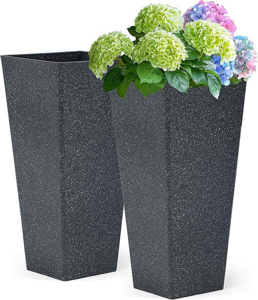 28" Large Tall Square Planters for Outdoor Plants, Set of 2 V-Shaped Planter Box with Black Terrazzo Look, Durable and Weather Resistant, Ideal or Garden, Patio, Porch or Home use.