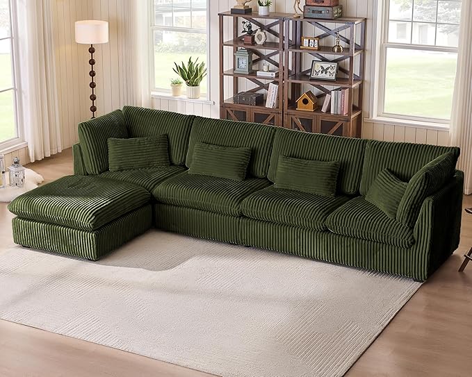 Oversized Modular Sofa, Extra Deep Cloud Corduroy Sectional Couch with Ottoman Chaise, Fluffy Corduroy 5 Seater Sofa Bed for Living Room, Villa (L Shape 5 Seater, Corduroy Green)