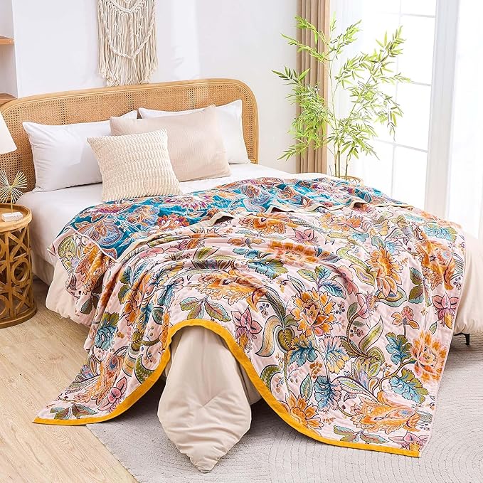Boho Throw Blanket for Bed, 100% Cotton Soft Rustic Quilt Fall Blanket, 60"x80" Floral Printed Farmhouse Decor Bed Blankets, All Season Rustic Reversible Bohemian Throw Quilt