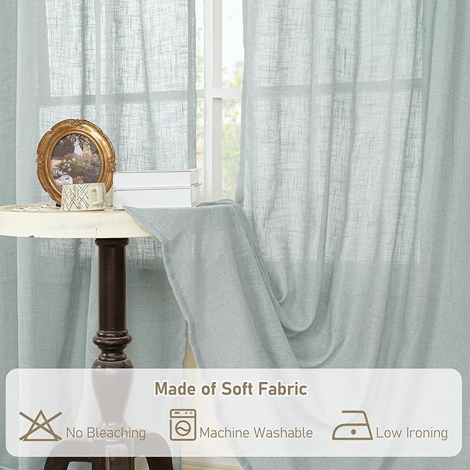 LAMIT Greyish Blue Linen Curtains 45 Inches Long for Bedroom, Light Filtering Panels Bronze Grommet Neutral Drapes for Kitchen/Window/Loft Room, 34 x 45 Inch, 2 Panels