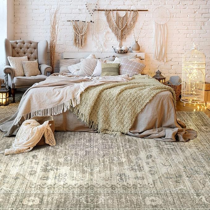 Washable Area Rugs for Living Room - 7x9 Neutral Vintage Distressed Floral Farmhouse Boho Large Soft Floor Rug Indoor Non Slip Carpet for Living Room Bedroom Dining Room Office - Brown/Tan