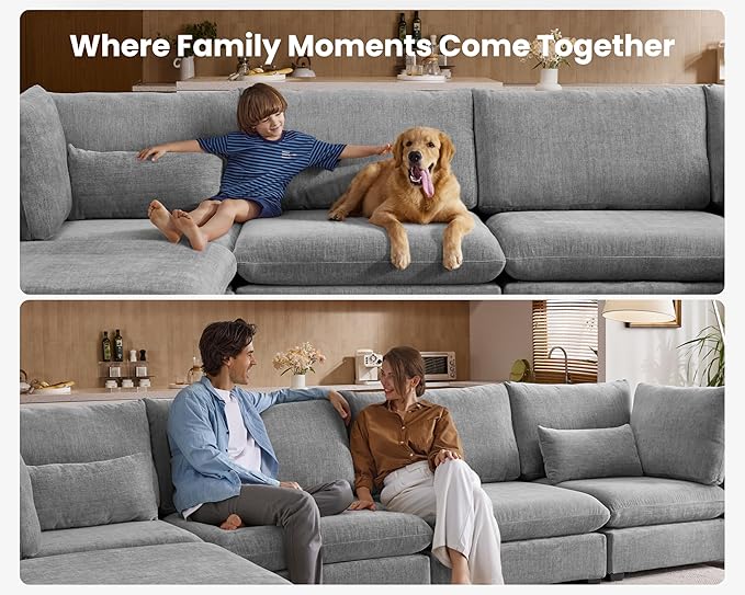 Oversized Modular Sofa, Extra Deep Cloud Chenille Sectional Couch with Ottoman Chaise, Fluffy Chenille 5 Seater Sofa Bed for Living Room, Villa (U Shape 5 Seater, Chenille Grey)