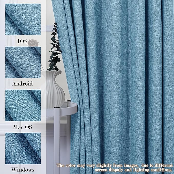 Blue Pinch Pleat 100% Blackout Drapes Linen Blend, Room Divider, Room Darkening, Energy Saving, Furniture Protecting, Light Blocking Extra Wide Privacy Curtains, 200Wx102L, 1 PC