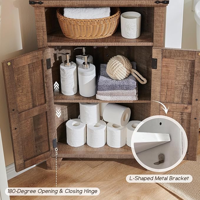 Corner Bathroom Cabinet, Farmhouse Small Corner Cabinet with Barn Door & Adjustable Shelf, Storage Cabinets for Bathroom, Kitchen, Living Room, Rustic Brown