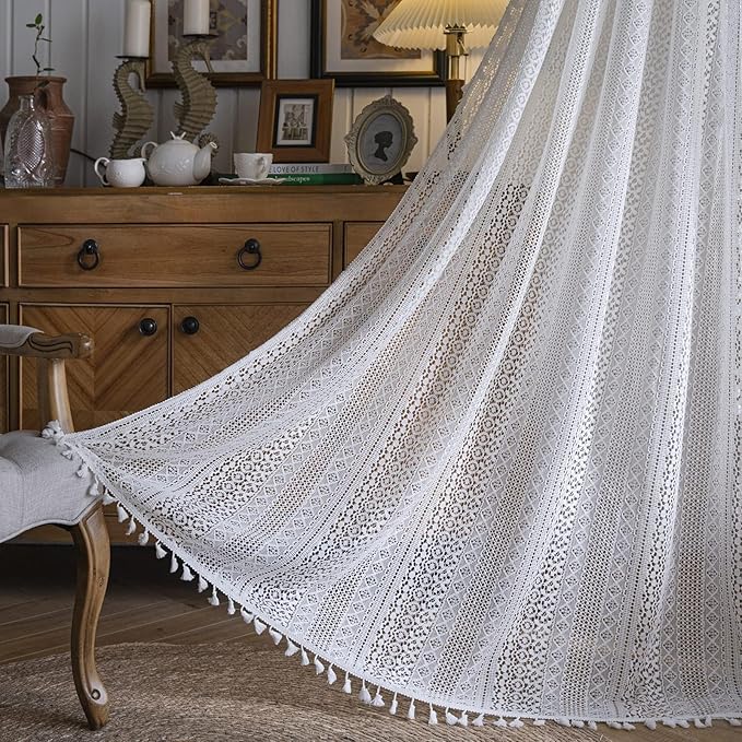 Sutuo Home Boho Curtains Crochet Lace Sheer Bohemian Stylish with Tassels, Window Treatment Privacy Vintage Rustic Farmhouse Drapes for Bedroom, Rod Pocket 1 Panel 59" W x 102" L, White