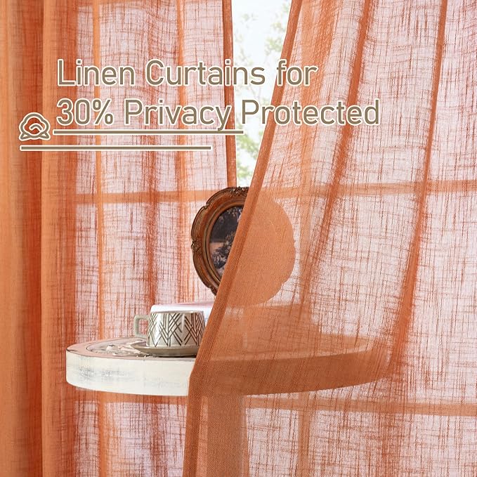 LAMIT Linen Curtians for Living Room 72 Inch Length, Bronze Grommet Light Filtering Semi Sheer Neutral Lightweight Rustic Farmhouse Boho Drapes for Bedroom, 2 Panels, Burnt Orange, 52 x 72 Inch