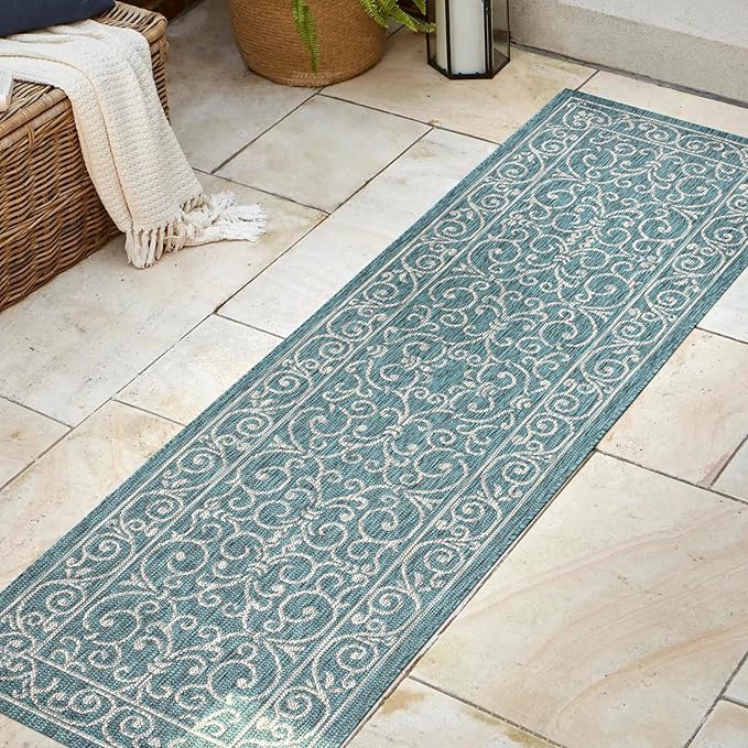 JONATHAN Y Vintage Filigree Indoor Outdoor Runner Rug 2X8 Teal/Gray, Charleston Textured Weave for Backyard, Patio, Porch, Easy-Cleaning, High Traffic, Pet-Friendly, Non-Shedding (SMB106F-28)