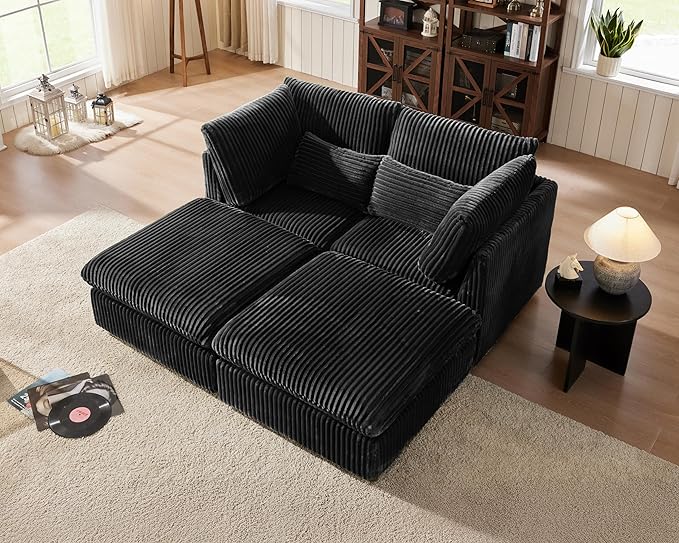 Oversized Modular Sofa, Extra Deep Cloud Corduroy Sectional Couch with Ottoman Chaise, Fluffy Corduroy 4 Seater Couch Bed for Living Room, Villa (Sofa Bed 4 Seater, Corduroy Black)