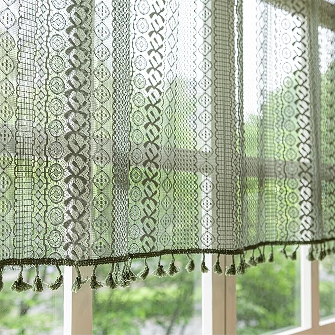 Sutuo Home Olive Green Boho Valance Curtains Crochet Lace Sheer Bohemian Hollow Knitted with Tassels, Privacy Vintage French Retro Farmhouse Tier for Kitchen Bedroom, Rod Pocket 1 Panel 59" W x 24" L