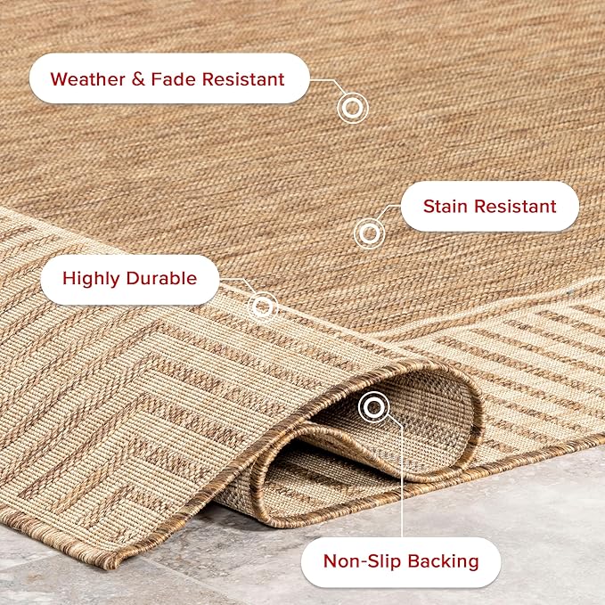 nuLOOM 9'6" x 12' Outdoor Area Rug, Casual Design With Striped Border, Stain Resistant, Highly Durable, For Patio, Balcony, Bedroom, Living Room, Dining Room, Bathroom, Light Brown