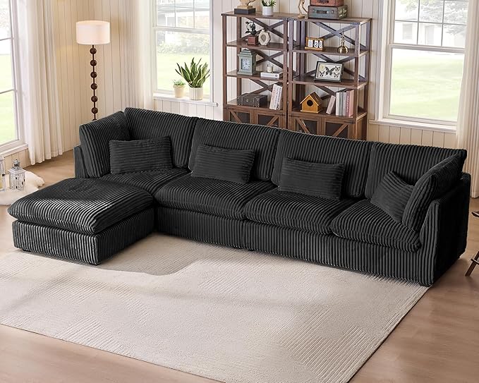 Oversized Modular Sofa, Extra Deep Cloud Corduroy Sectional Couch with Ottoman Chaise, Fluffy Corduroy 5 Seater Sofa Bed for Living Room, Villa (L Shape 5 Seater, Corduroy Black)
